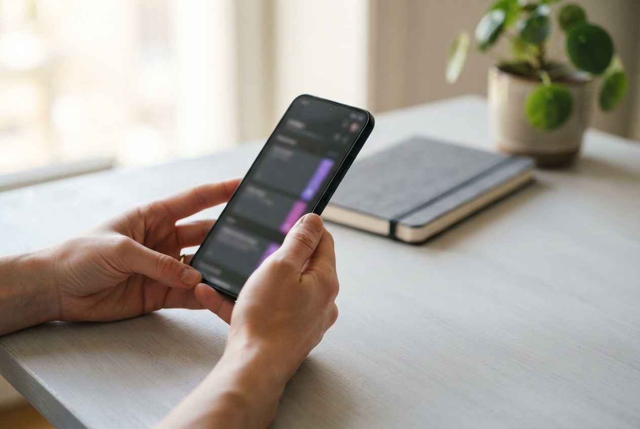 Person holding a black smartphone over a light wood desk beside a notebook and potted plant.