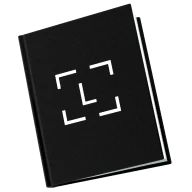 Tilted black notebook-like rectangle with white focus brackets on a green background.